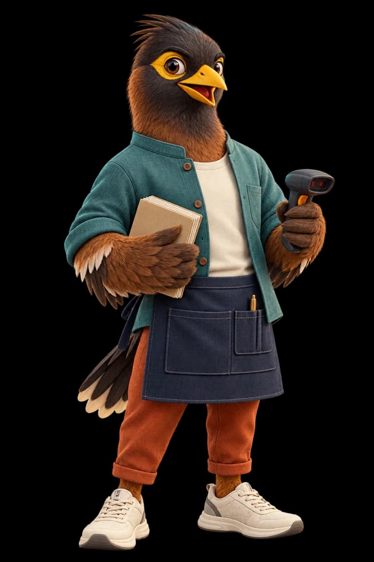 BillPeps myna shopkeeper mascot holding a ledger and barcode scanner